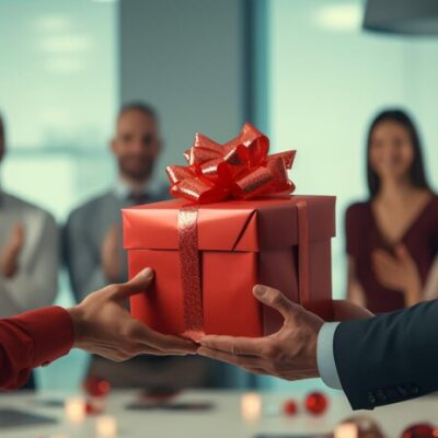 corporate gifts for employees -friendly-employees-make-surprise-by-giving-present-thier-colleagues_-promotional gifts in Dubai--corporate gifts 2024