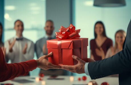 corporate gifts for employees -friendly-employees-make-surprise-by-giving-present-thier-colleagues_-promotional gifts in Dubai--corporate gifts 2024