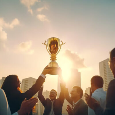 business-people-holding-gold-trophy-award-celebrate-together_- corporate gifting events