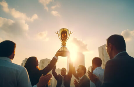 business-people-holding-gold-trophy-award-celebrate-together_- corporate gifting events