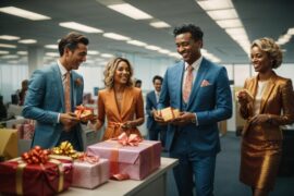 group-colleagues-formal-attire-celebrating-charismas-exchanging-gifts-laughter_- corporate gifts supplier in dubai