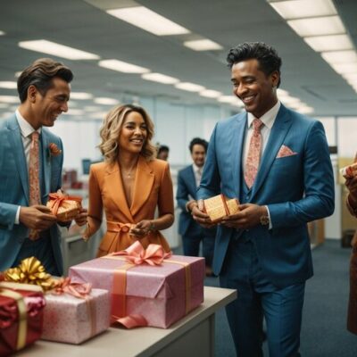 group-colleagues-formal-attire-celebrating-charismas-exchanging-gifts-laughter_- corporate gifts supplier in dubai