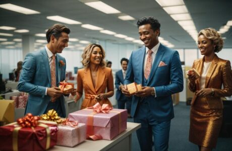 group-colleagues-formal-attire-celebrating-charismas-exchanging-gifts-laughter_- corporate gifts supplier in dubai