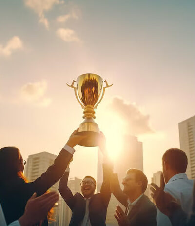 business-people-holding-gold-trophy-award-celebrate-together_- corporate gifting events