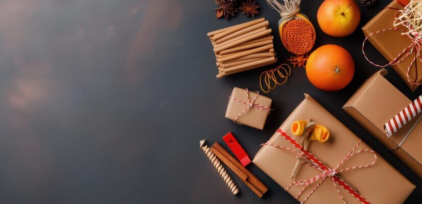 flat-lay-rustic-holiday-gift-wrapping-supplies-including-brown-paper-twine-dried-oranges-candles-fresh-oranges-dark-surface_-gifts for corporate events