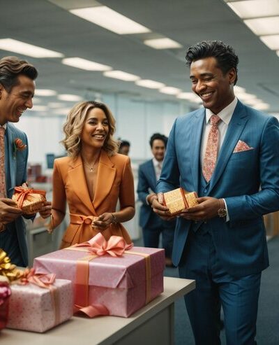 group-colleagues-formal-attire-celebrating-charismas-exchanging-gifts-laughter_- corporate gifts supplier in dubai